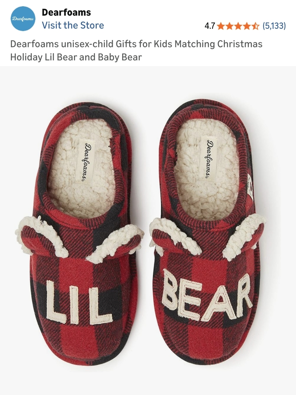 dearfoams Kids Red and Black Buffalo Plaid 'Lil Bear' Slip-On Slippers